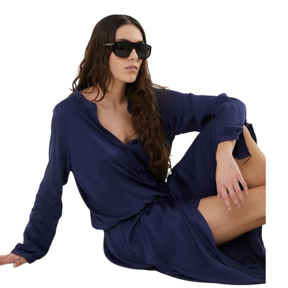 RABENS SALONER VERA Solid wrap over dress L/S Dark Navy Blue Minimalist Small - Picture 3 of 16